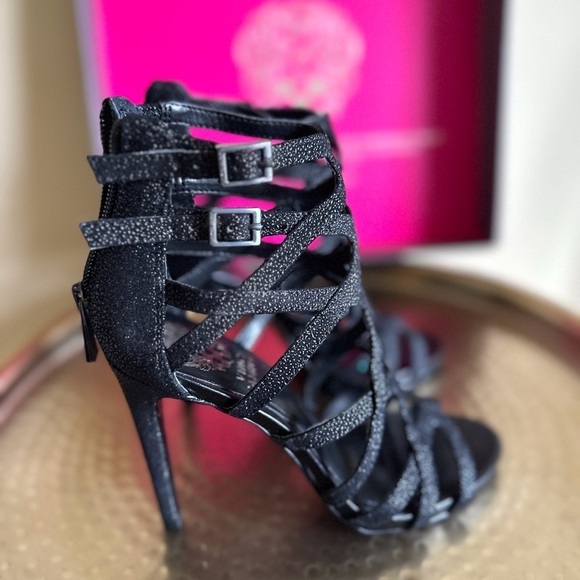 Vince Camuto Black Caviar/Soft Calf Strappy Heels - Picture 4 of 12